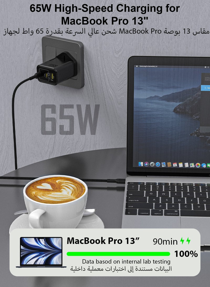 DUDAO 65W GaN 3-Port Super Fast Charger Set, Compact Laptop Charger Type C Wall Charger, USB + 2*Type-C Power Adapter whit 240W Type-C Cable, 9-Layer Safety Protection, Smart Temperature Control, Compatible with All Phone Models, Tablets, Laptops, Watches - Image 4